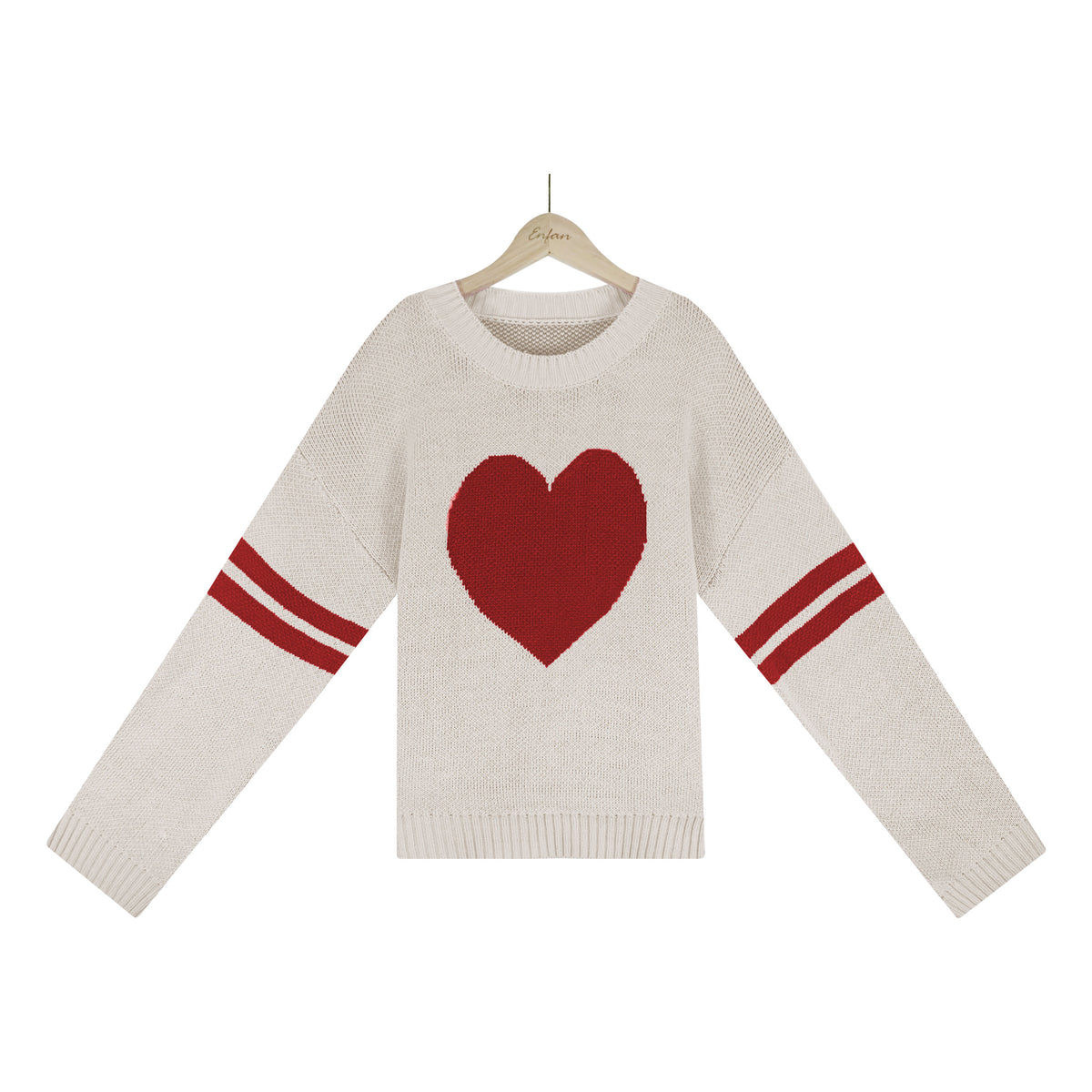 Heart Intarsia Varsity Stripe Knit Sweater - Apricot