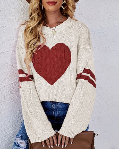 Heart Intarsia Varsity Stripe Knit Sweater - Apricot - 1