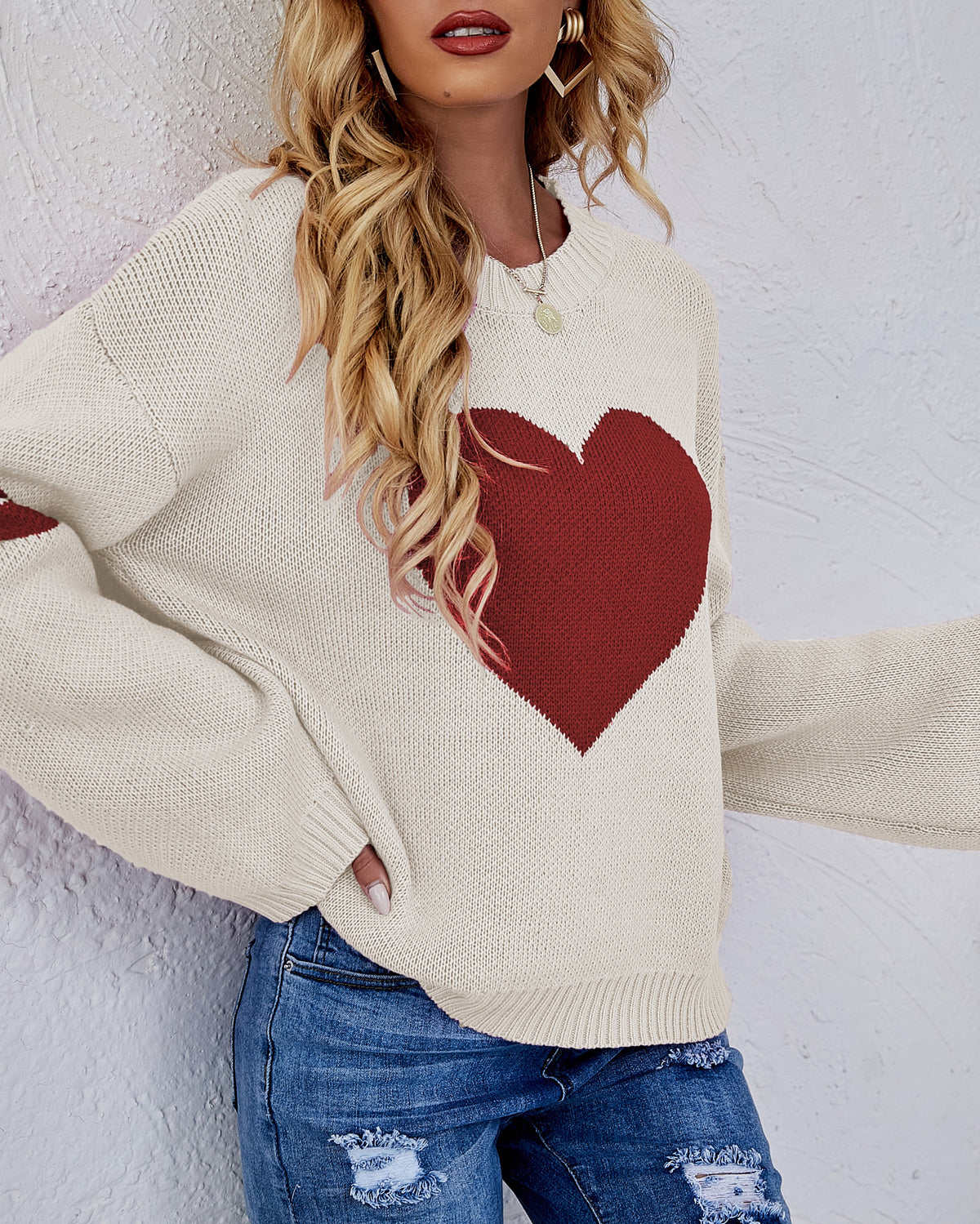 Heart Intarsia Varsity Stripe Knit Sweater - Apricot - 2