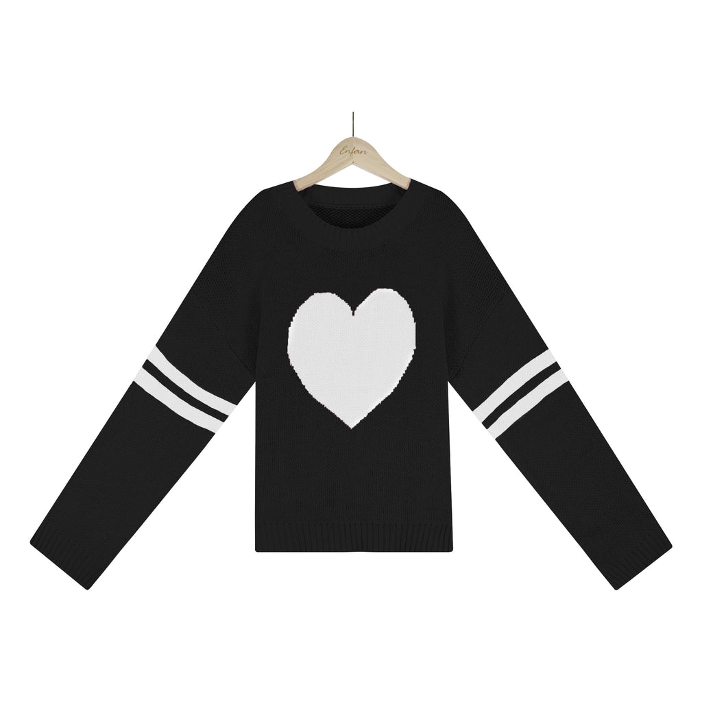 Heart Intarsia Varsity Stripe Knit Sweater - Black