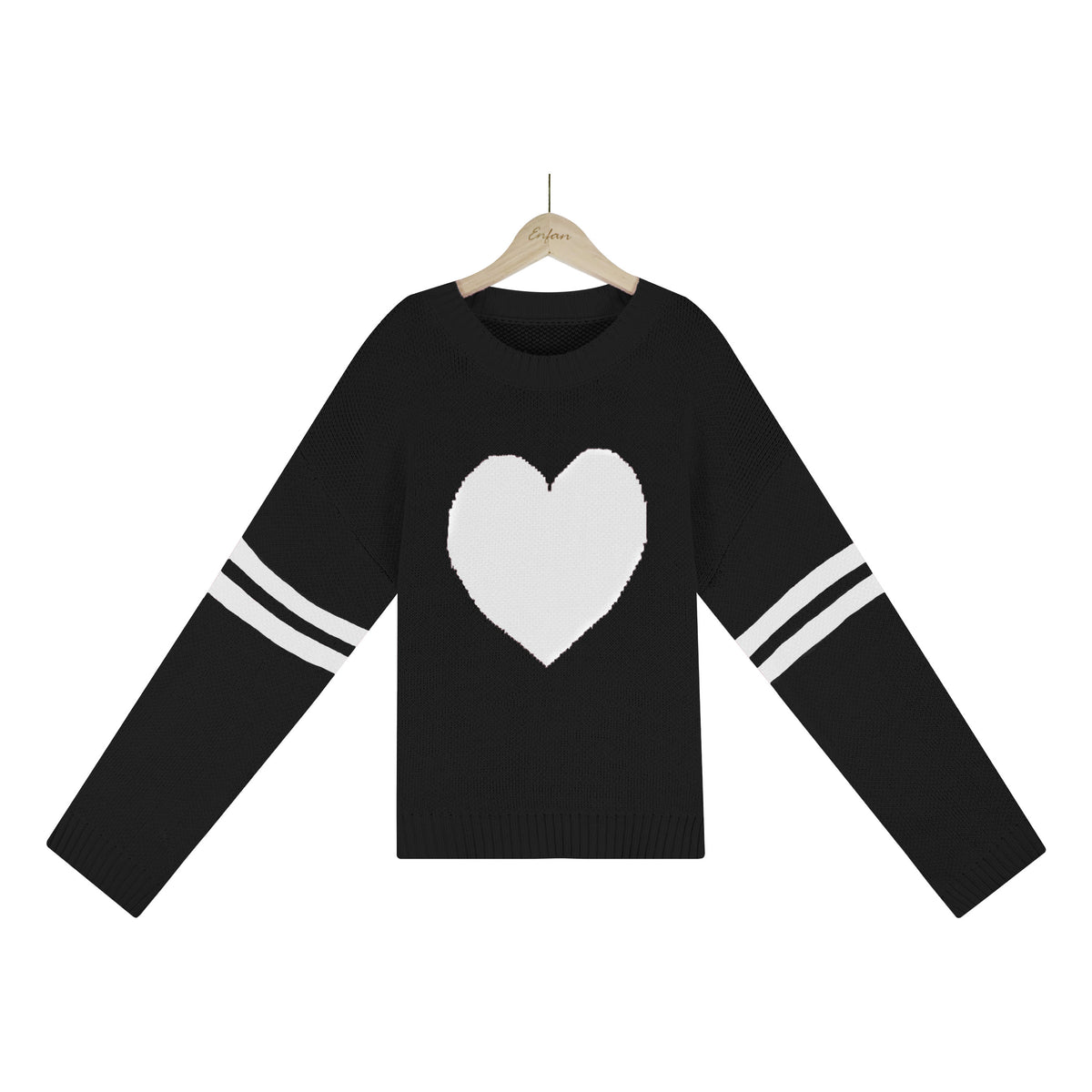 Heart Intarsia Varsity Stripe Knit Sweater - Black