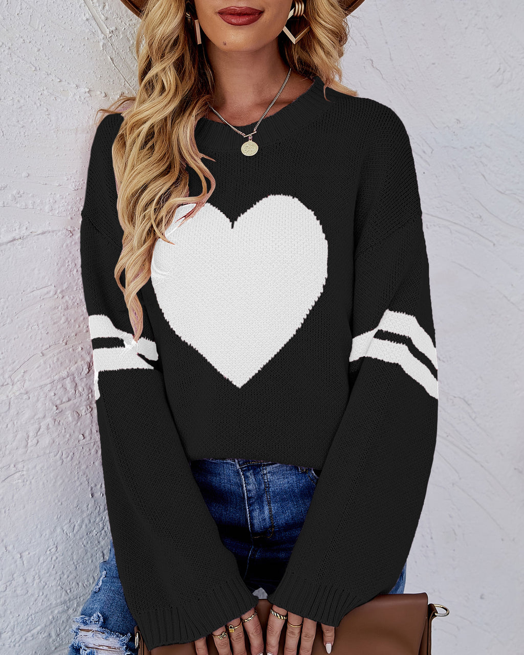 Heart Intarsia Varsity Stripe Knit Sweater - Black - 1