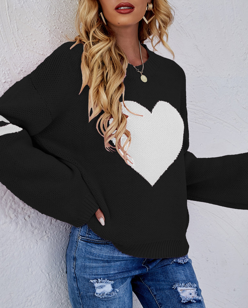Heart Intarsia Varsity Stripe Knit Sweater - Black - 2