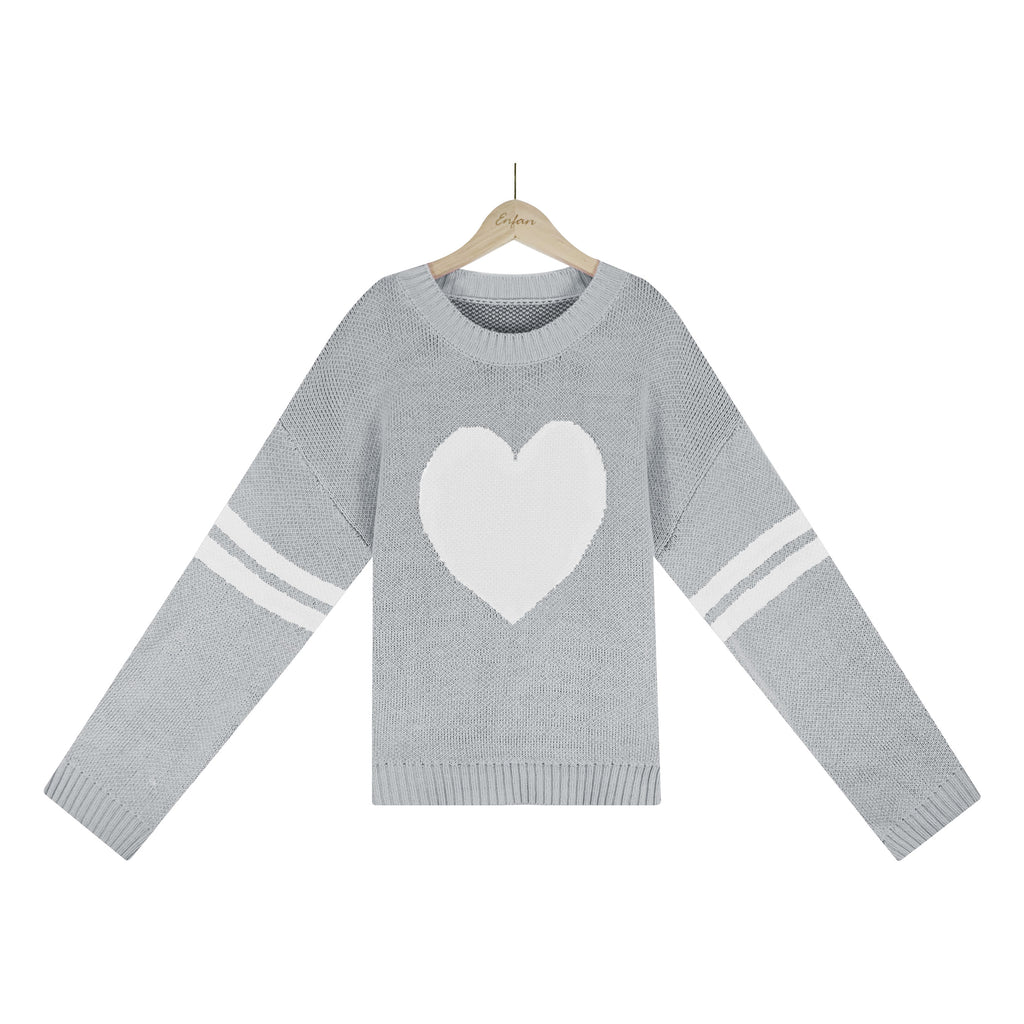 Heart Intarsia Varsity Stripe Knit Sweater - Grey