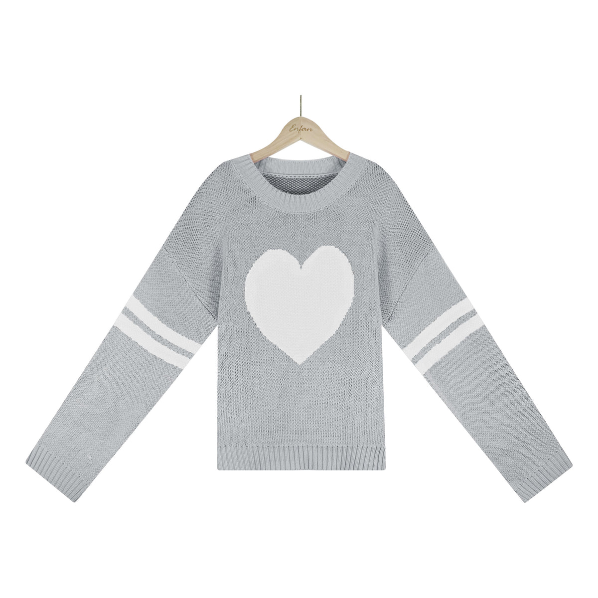 Heart Intarsia Varsity Stripe Knit Sweater - Grey