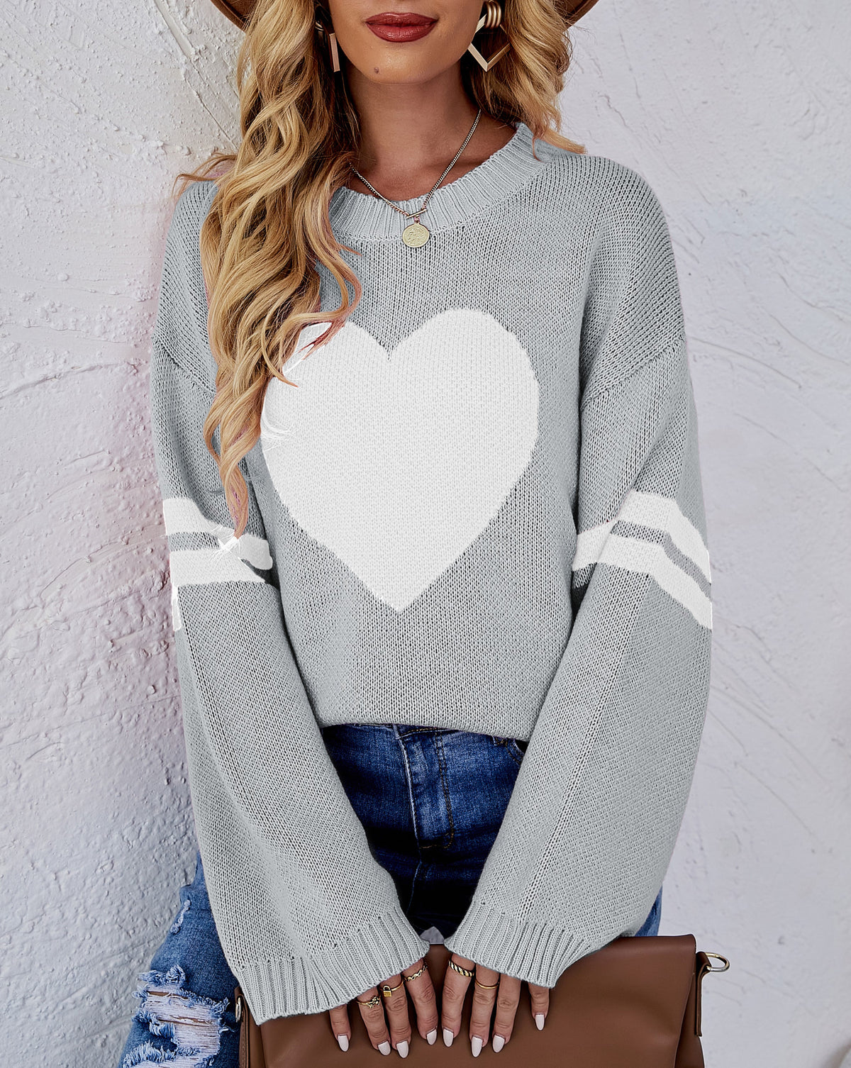 Heart Intarsia Varsity Stripe Knit Sweater - Grey - 1