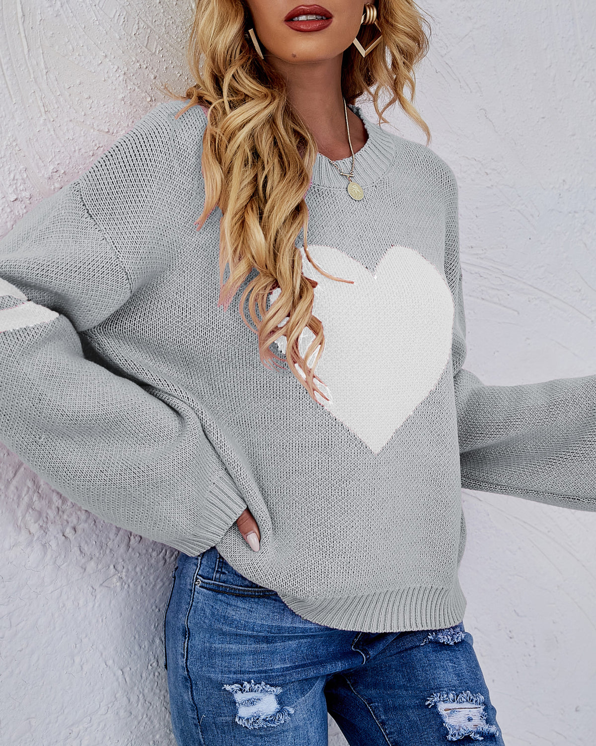 Heart Intarsia Varsity Stripe Knit Sweater - Grey - 2