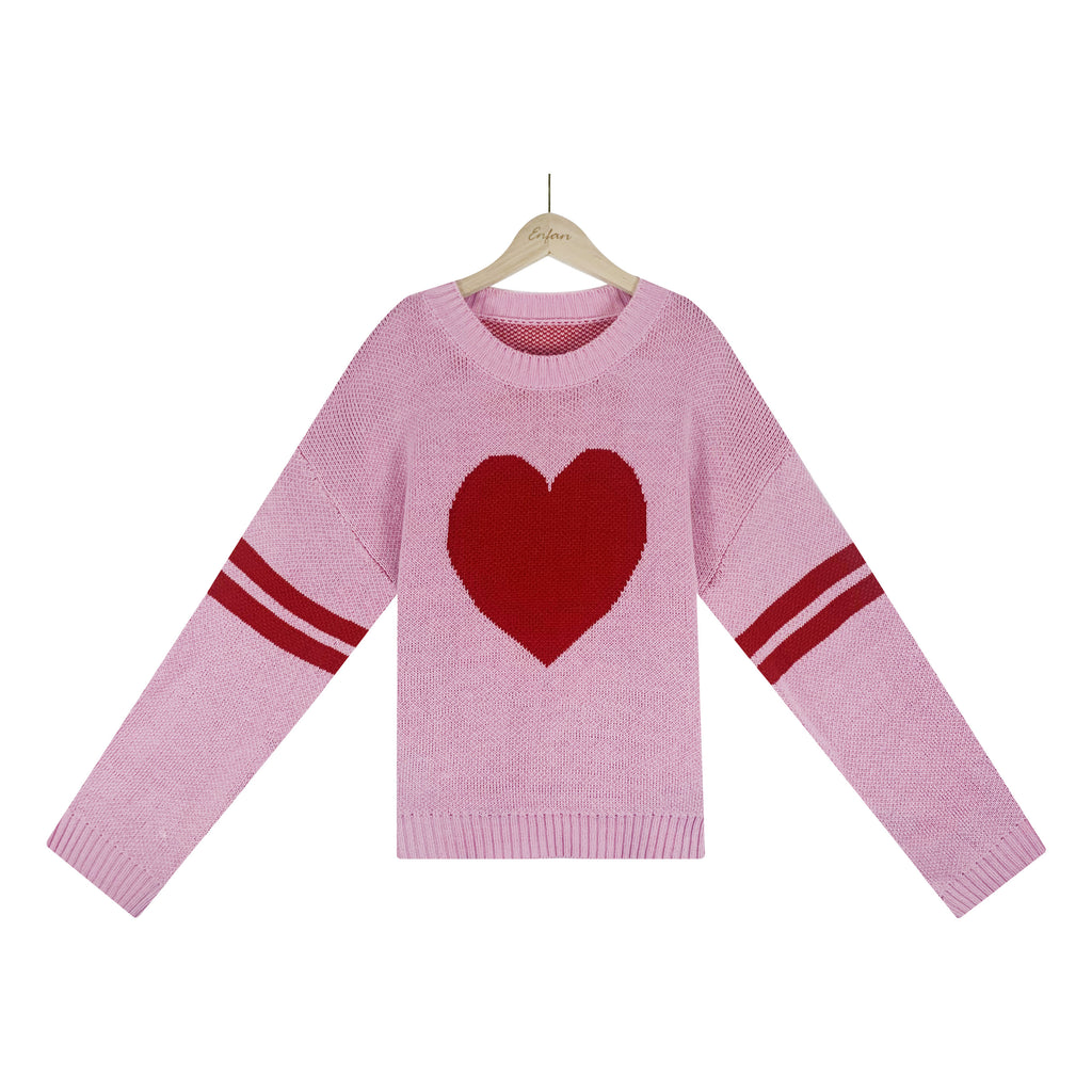 Heart Intarsia Varsity Stripe Knit Sweater - Pink