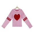 Heart Intarsia Varsity Stripe Knit Sweater - Pink