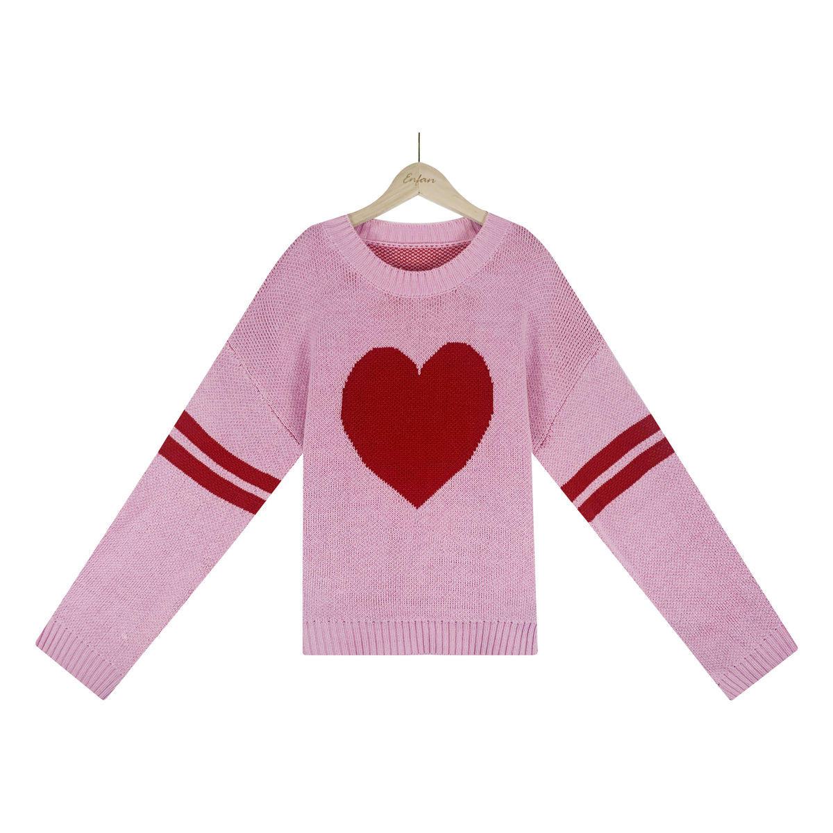 Heart Intarsia Varsity Stripe Knit Sweater - Pink
