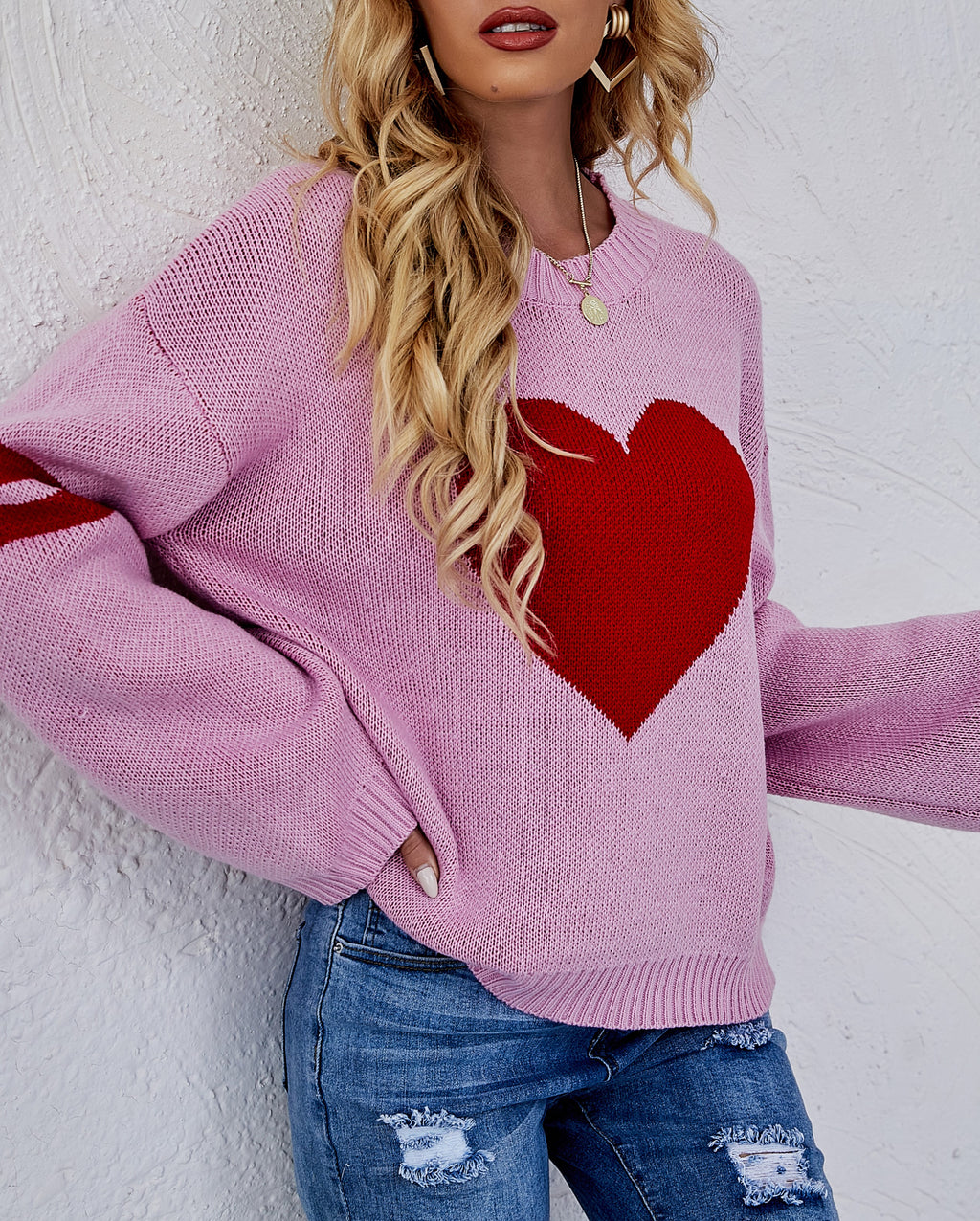 Heart Intarsia Varsity Stripe Knit Sweater - Pink - 1