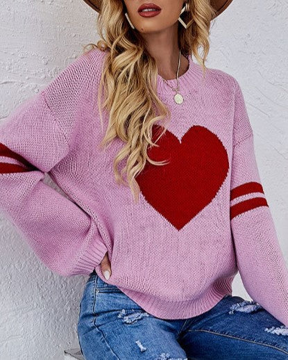 Heart Intarsia Varsity Stripe Knit Sweater - Pink - 2