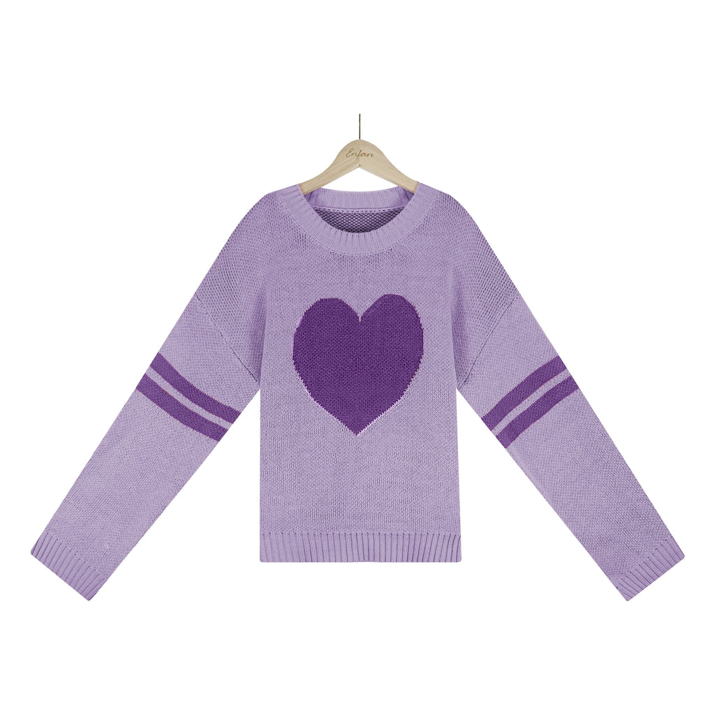 Heart Intarsia Varsity Stripe Knit Sweater - Purple
