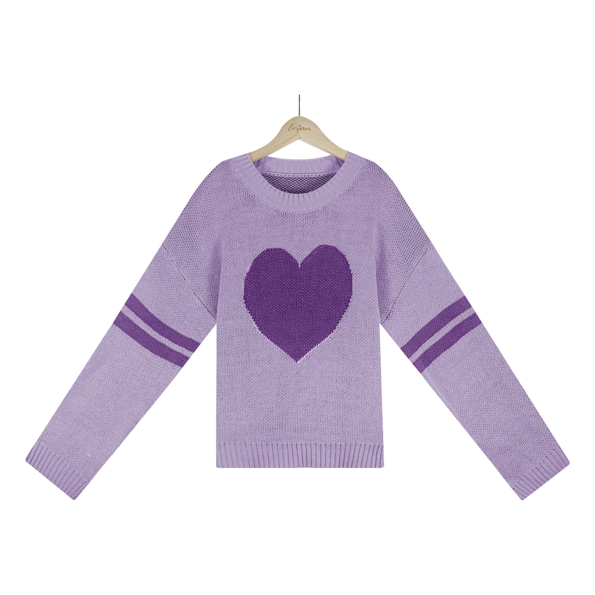 Heart Intarsia Varsity Stripe Knit Sweater - Purple