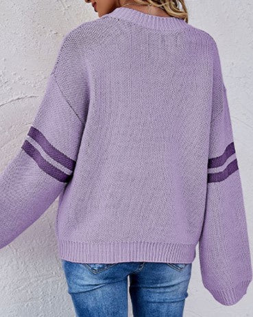 Heart Intarsia Varsity Stripe Knit Sweater - Purple - 1