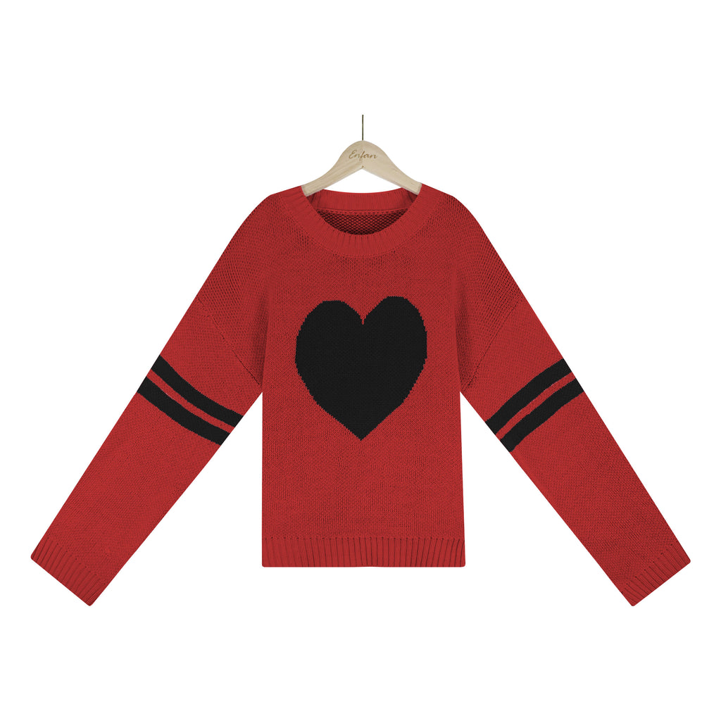 Heart Intarsia Varsity Stripe Knit Sweater - Red