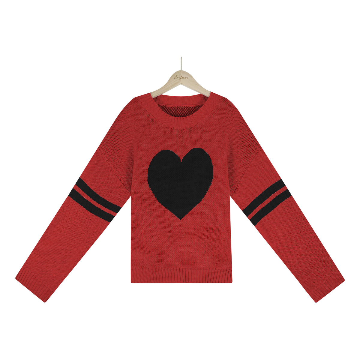 Heart Intarsia Varsity Stripe Knit Sweater - Red