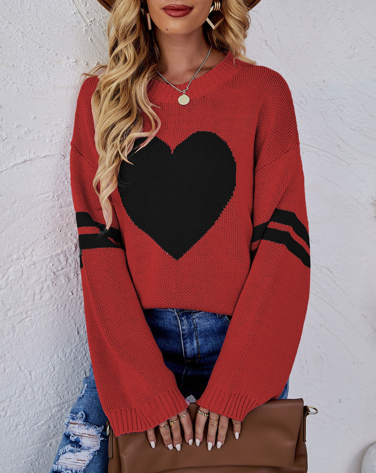 Heart Intarsia Varsity Stripe Knit Sweater - Red - 1