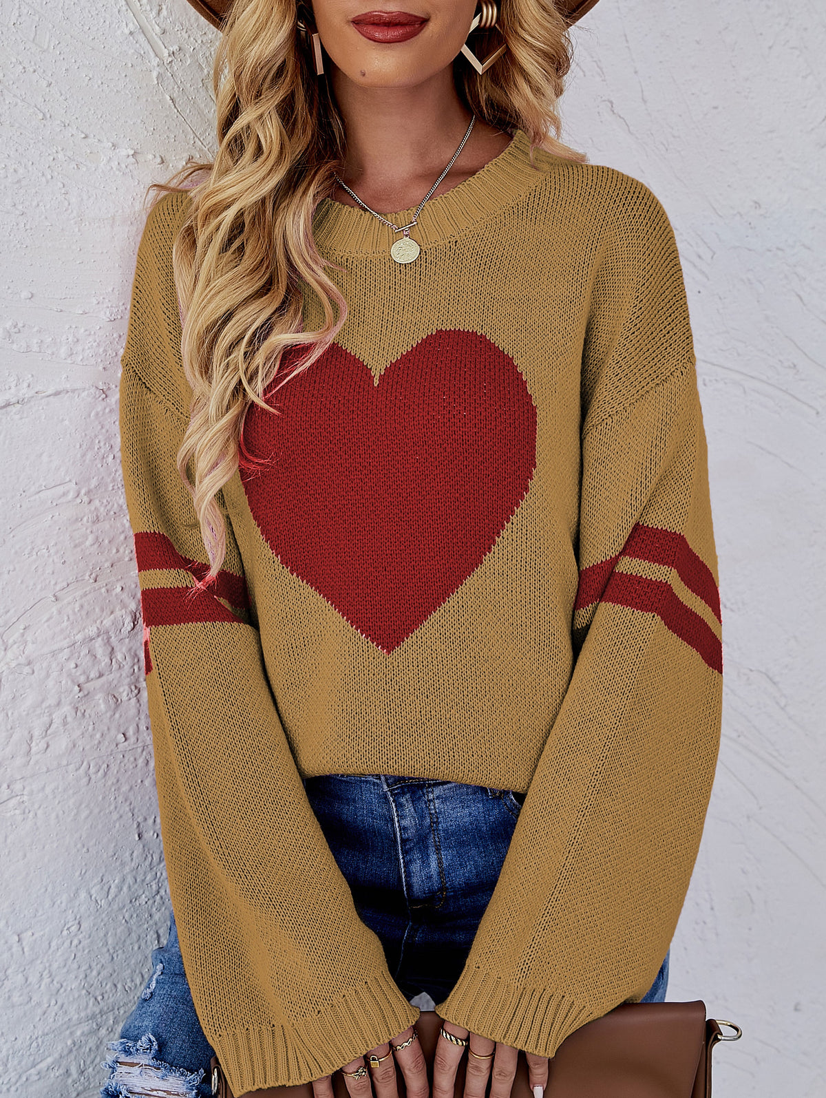 Heart Intarsia Varsity Stripe Knit Sweater - Yellow