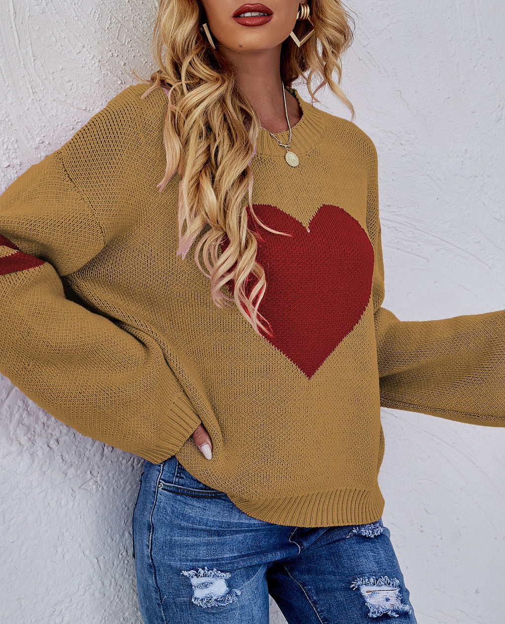 Heart Intarsia Varsity Stripe Knit Sweater - Yellow - 2