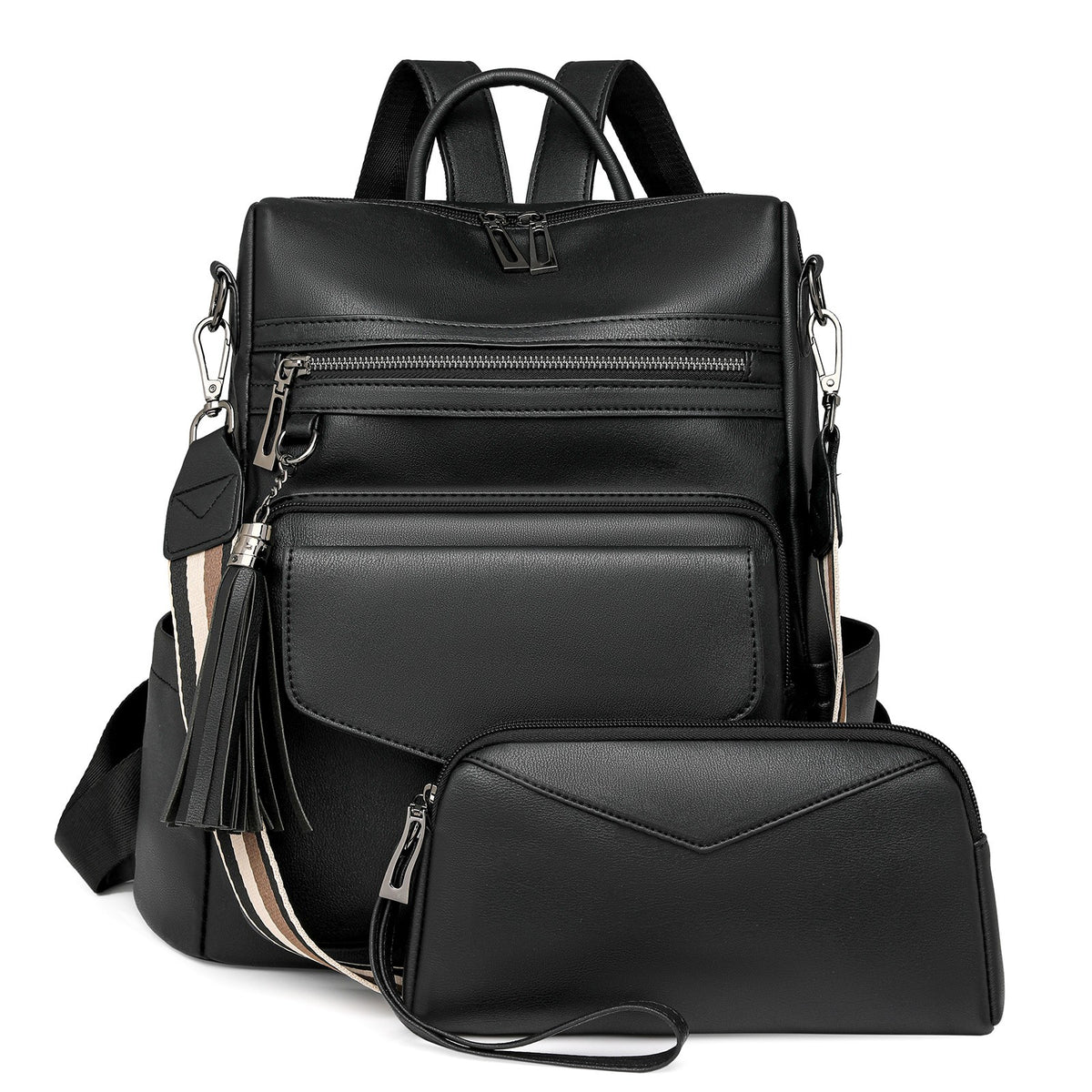 Tassel Convertible Backpack and Wristlet Set - Black