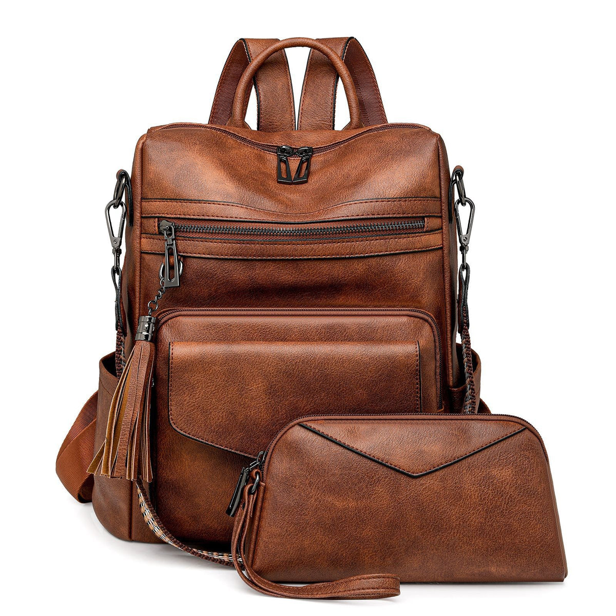 Tassel Convertible Backpack and Wristlet Set - Rustic Brown