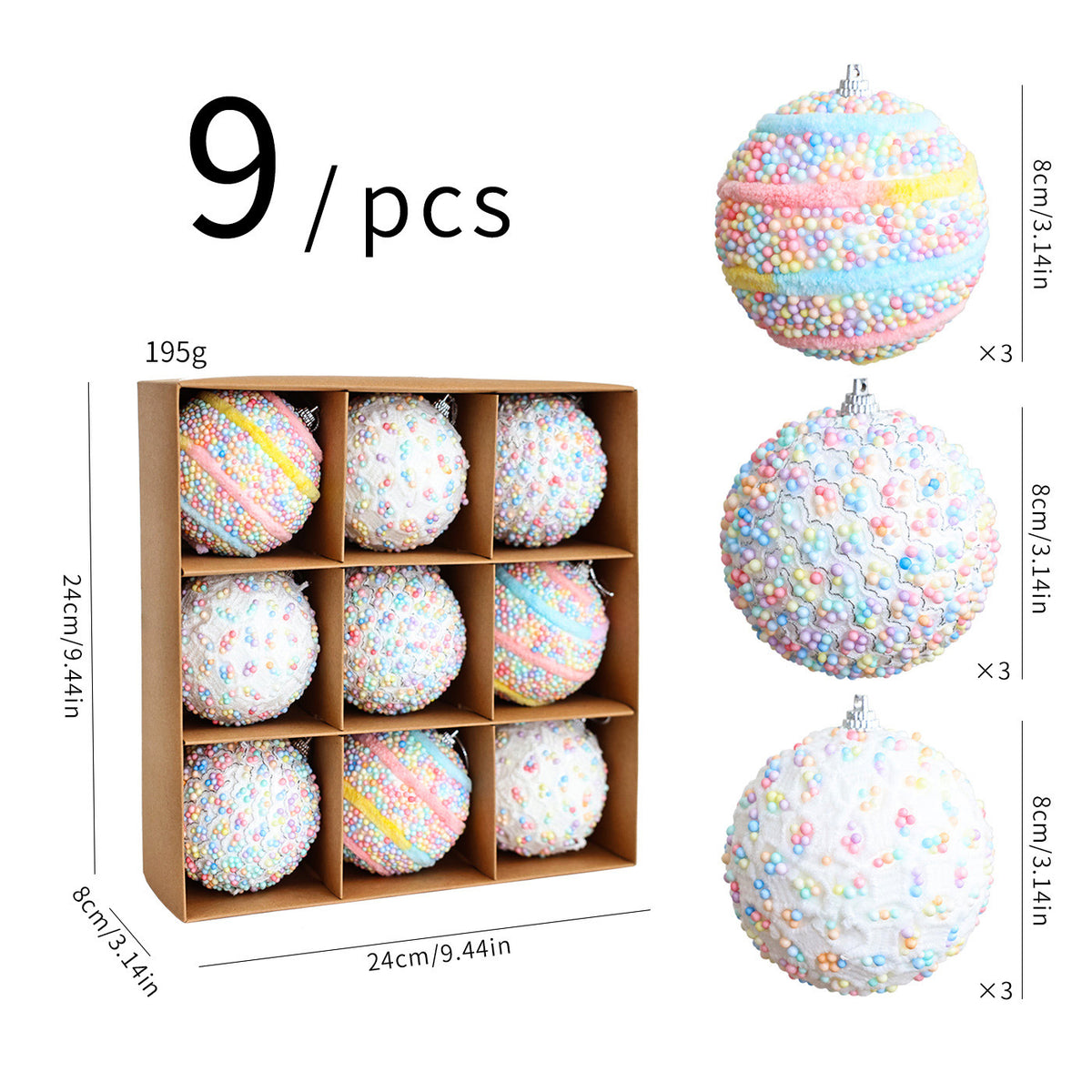 Foam Christmas Ball Ornaments With Sprinkle Texture - 9PCS