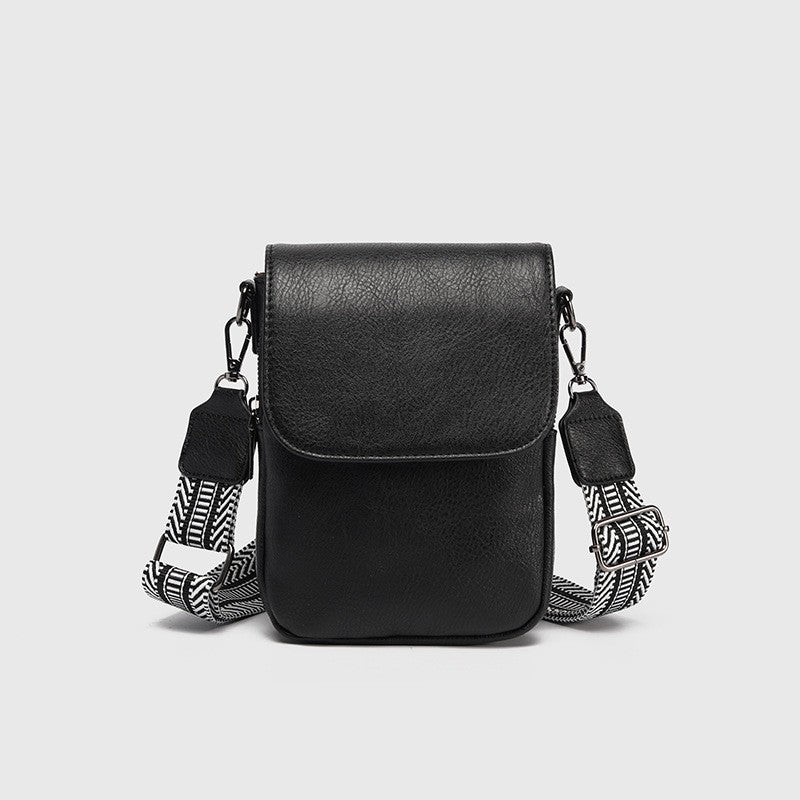 Mini Flap Phone Crossbody Bag With Guitar Strap - Black