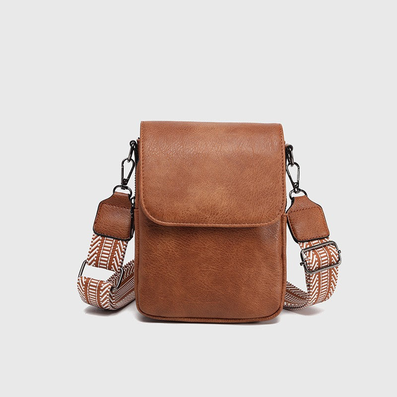 Mini Flap Phone Crossbody Bag With Guitar Strap - Brown