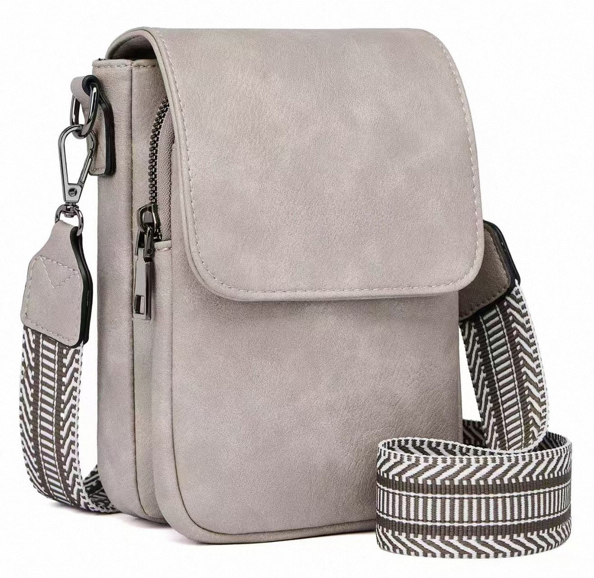 Mini Flap Phone Crossbody Bag With Guitar Strap - Grey