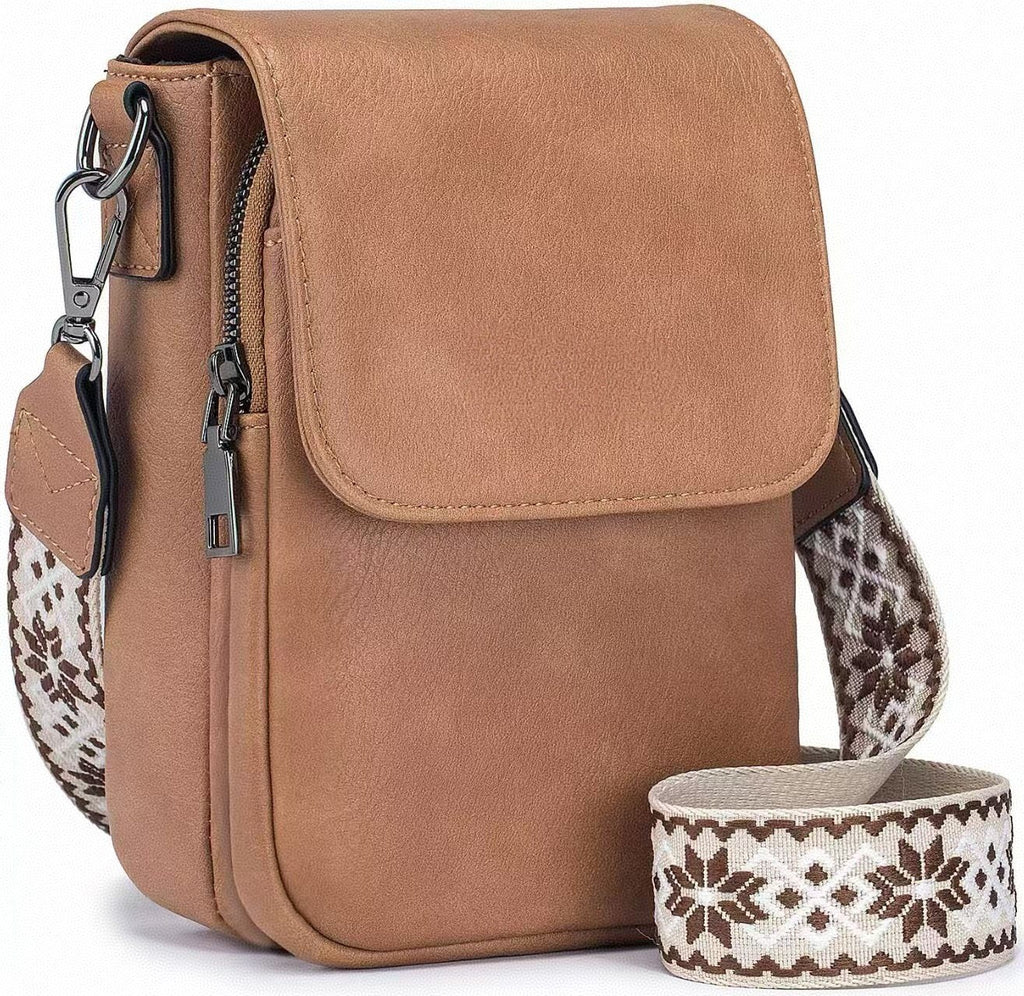 Mini Flap Phone Crossbody Bag With Guitar Strap - Tan