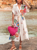 Floral Print Belted Beach Shirt Dress - Ivory