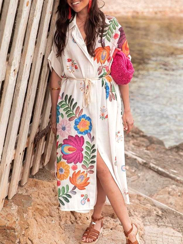 Floral Print Belted Beach Shirt Dress - Ivory - 1