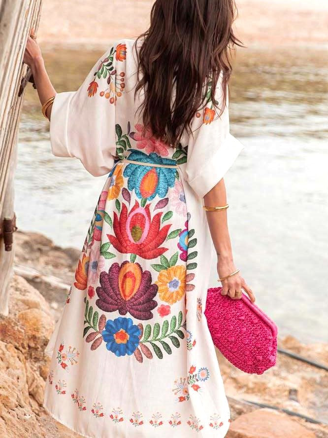 Floral Print Belted Beach Shirt Dress - Ivory - 2