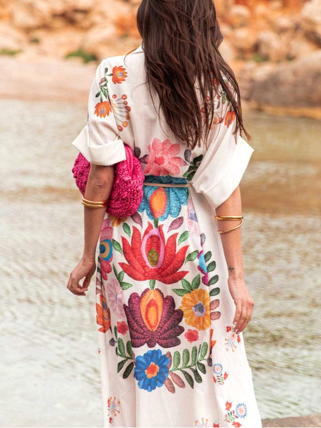 Floral Print Belted Beach Shirt Dress - Ivory - 3