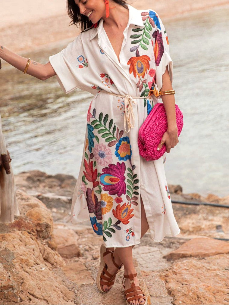 Floral Print Belted Beach Shirt Dress - Ivory - 4