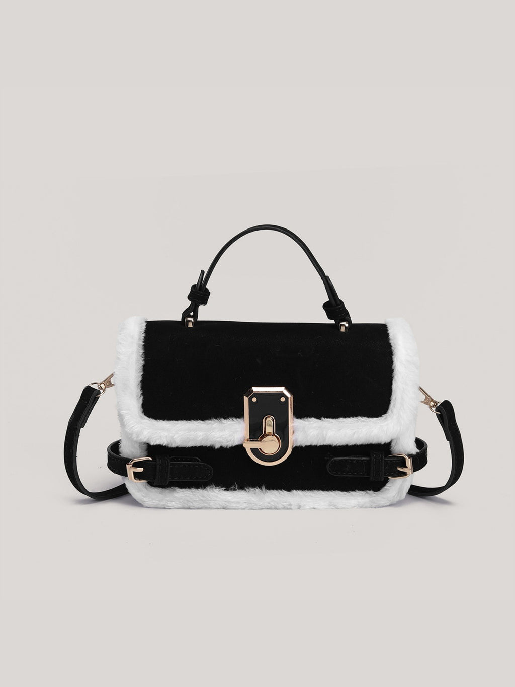 Faux Shearling Trim Top Handle Satchel Bag - Black