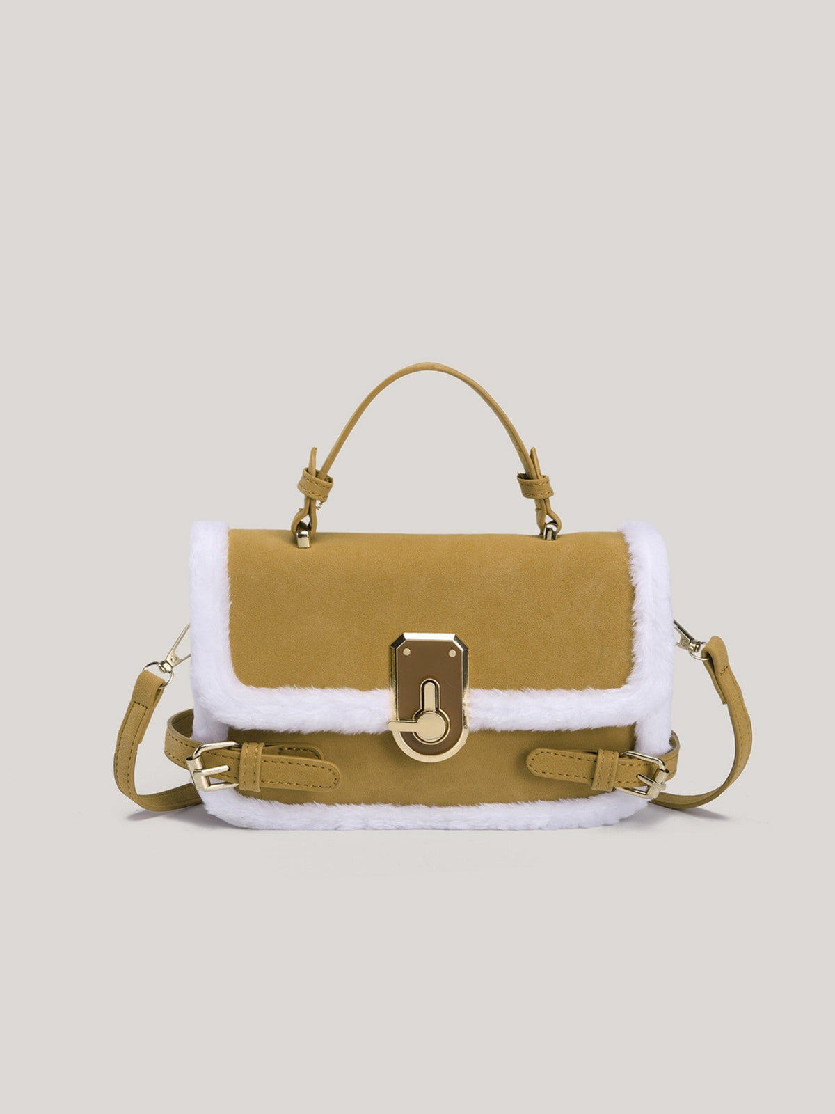 Faux Shearling Trim Top Handle Satchel Bag - Camel