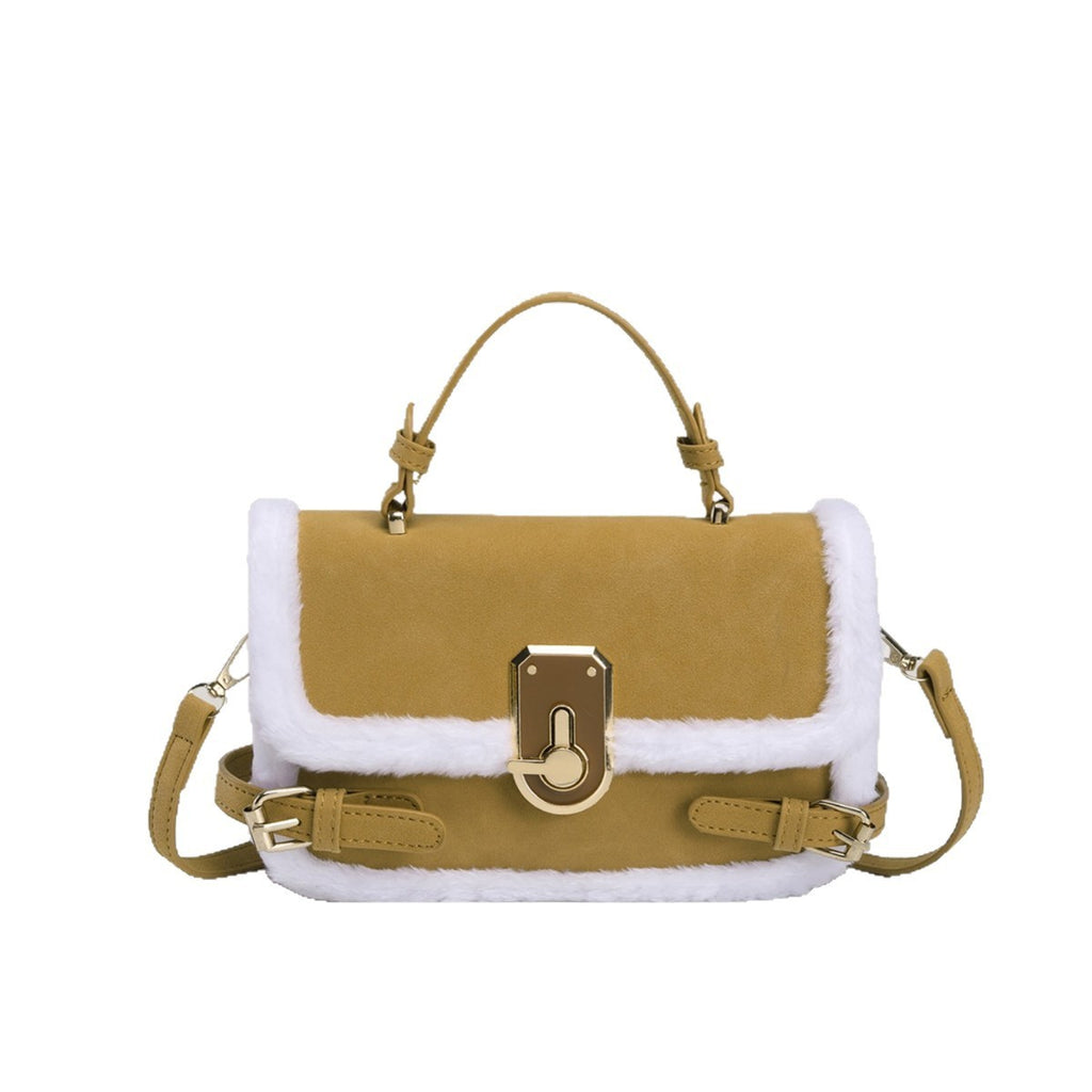 Faux Shearling Trim Top Handle Satchel Bag