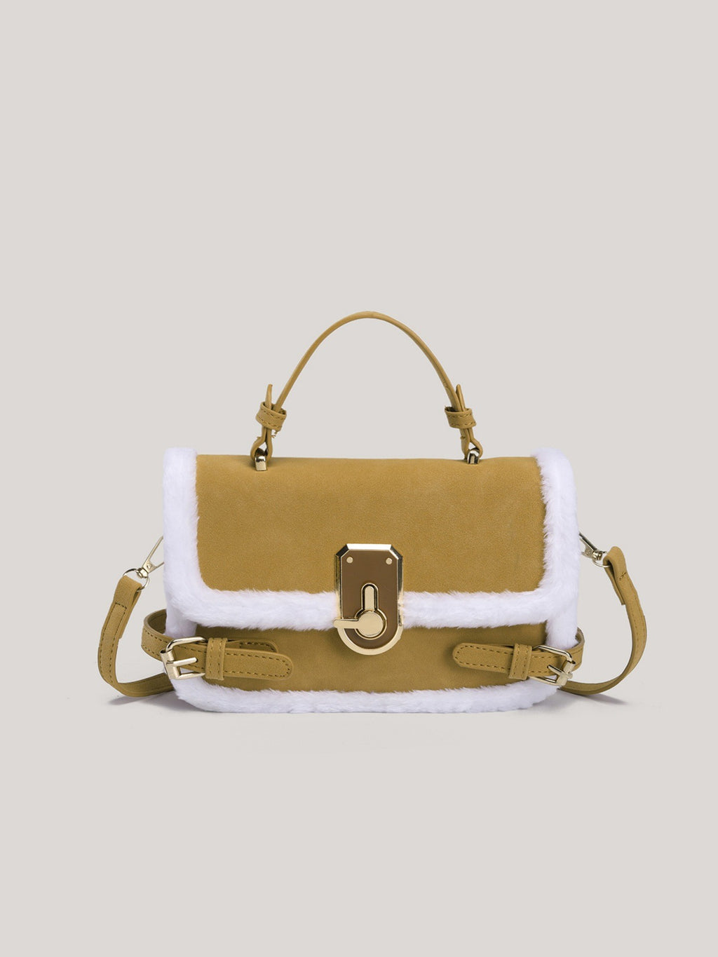 Faux Shearling Trim Top Handle Satchel Bag