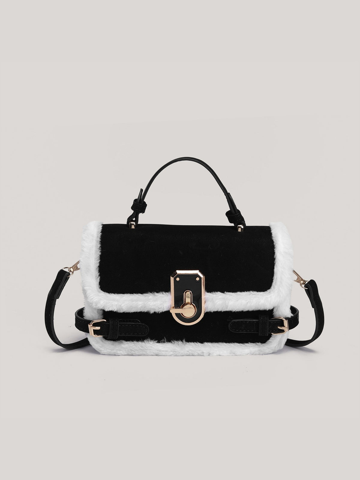 Faux Shearling Trim Top Handle Satchel Bag