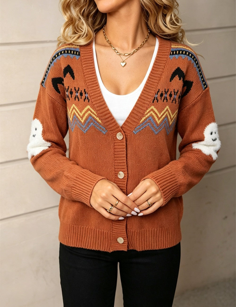 Ghost Fair Isle Button Front Cardigan - Camel - 4