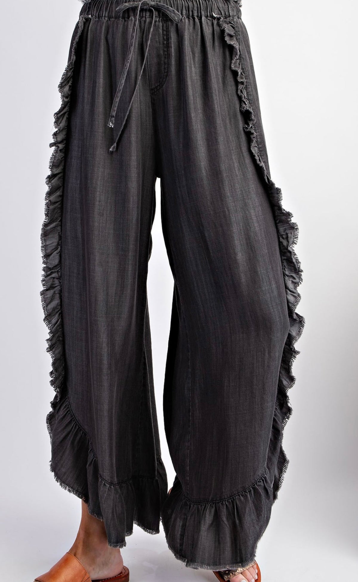 Ruffle Trim Wide Leg Drawstring Denim Pants - Black