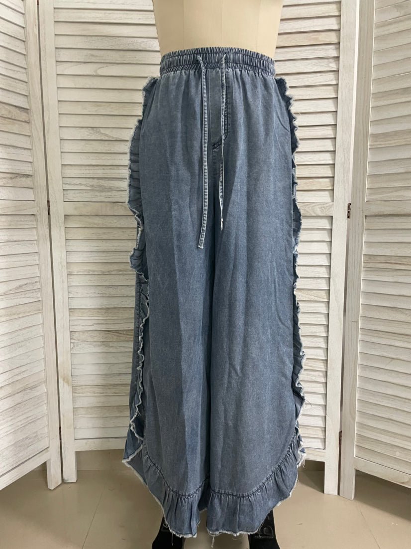Ruffle Trim Wide Leg Drawstring Denim Pants - Blue