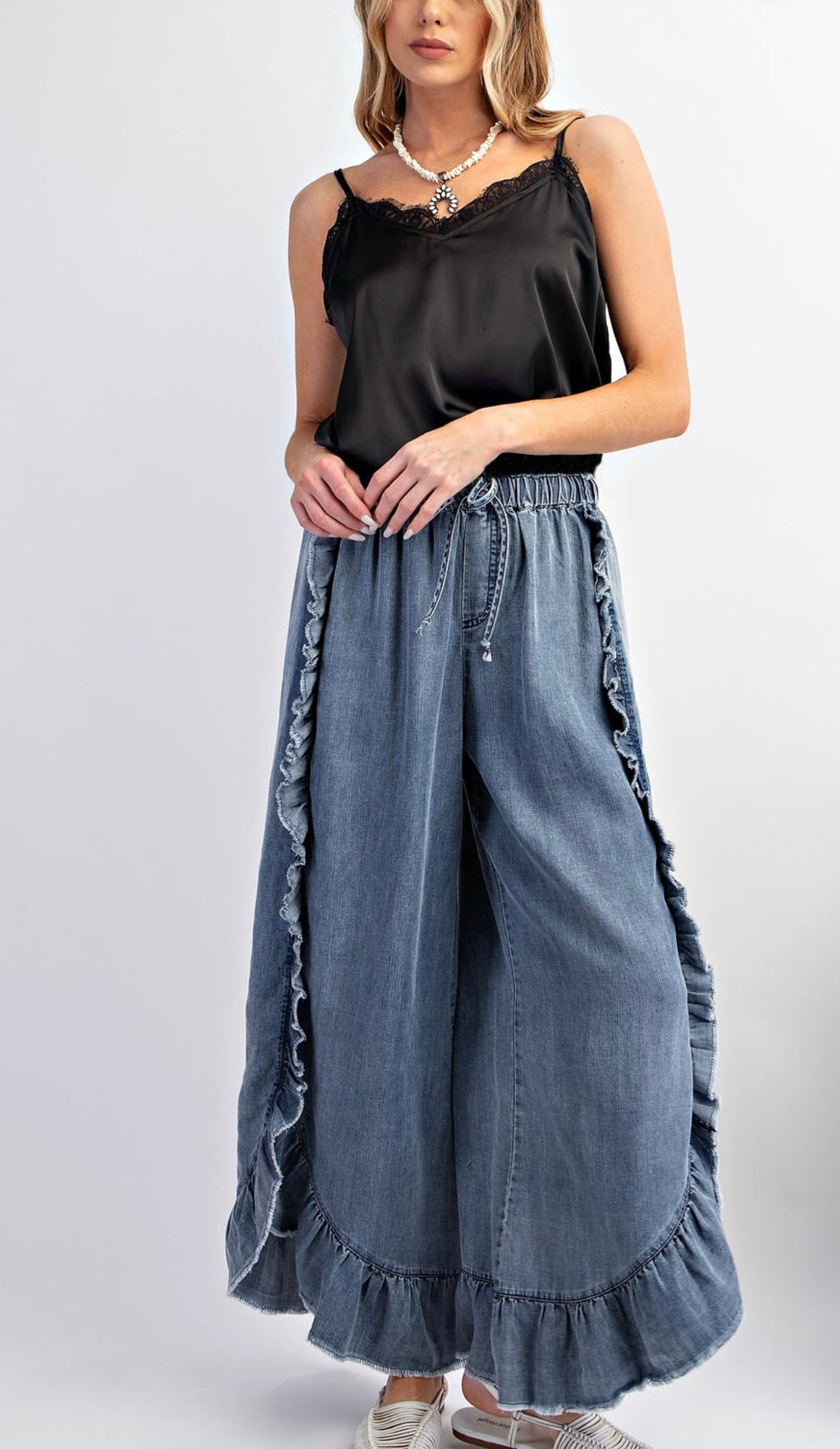 Ruffle Trim Wide Leg Drawstring Denim Pants - Blue - 1