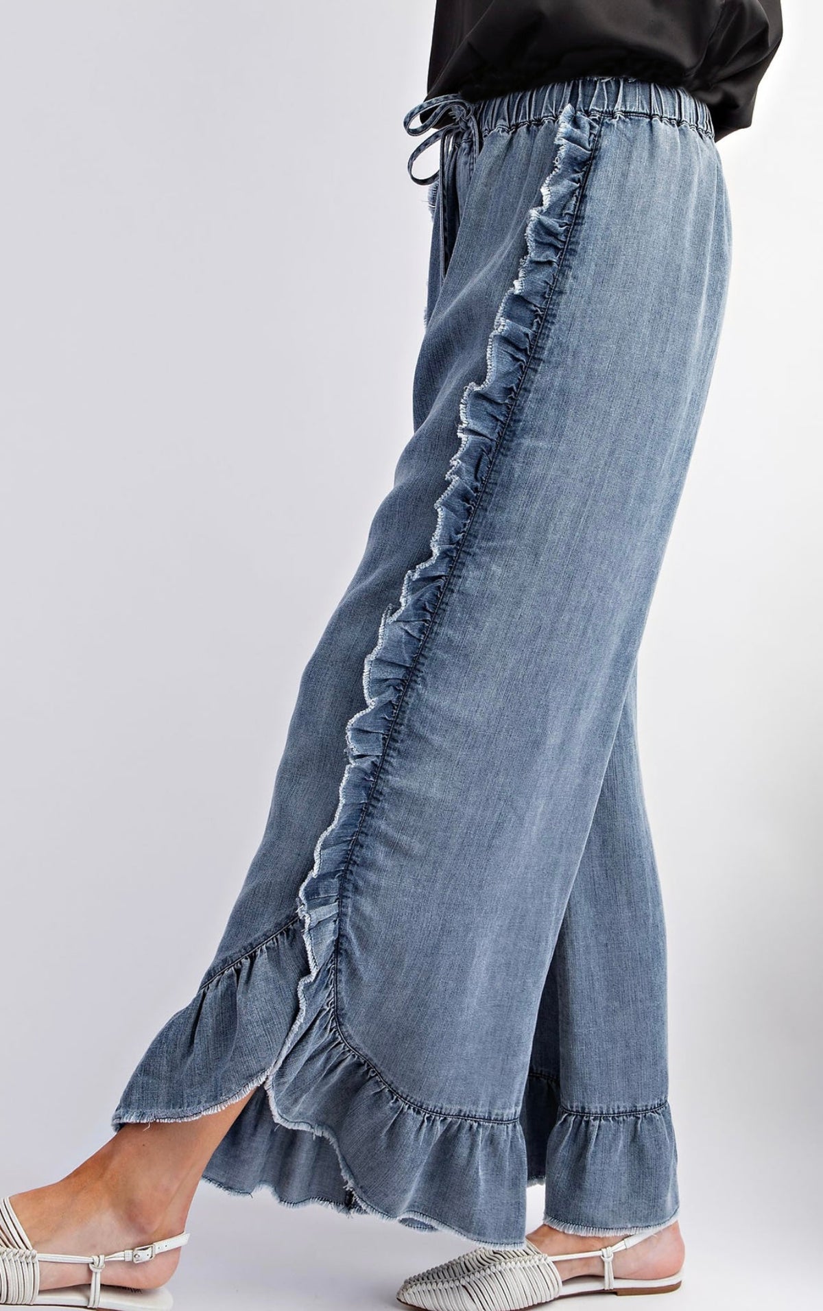 Ruffle Trim Wide Leg Drawstring Denim Pants - Blue - 2