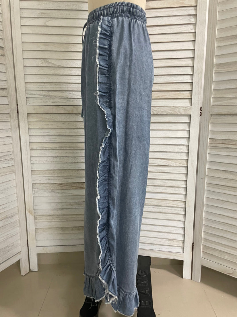 Ruffle Trim Wide Leg Drawstring Denim Pants - Blue - 3