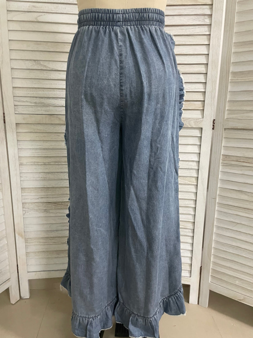 Ruffle Trim Wide Leg Drawstring Denim Pants - Blue - 4