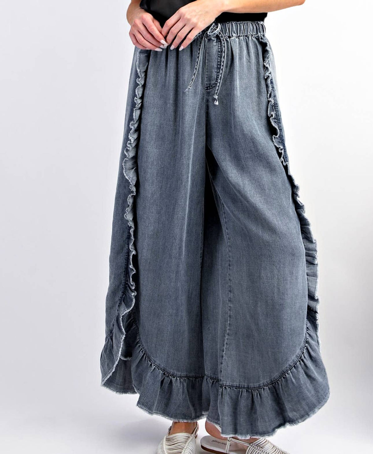 Ruffle Trim Wide Leg Drawstring Denim Pants