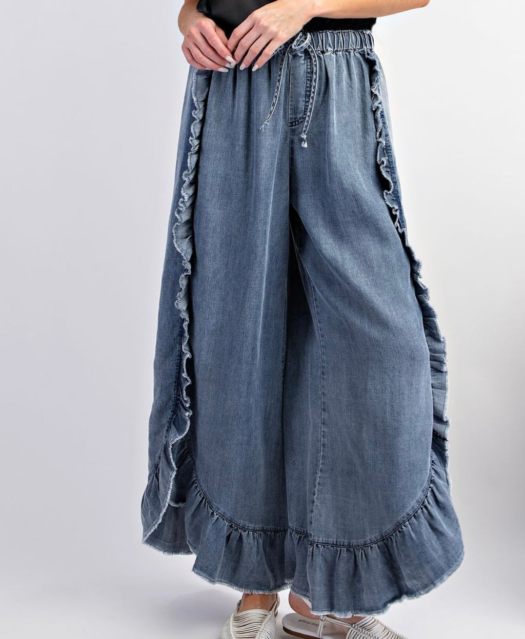 Ruffle Trim Wide Leg Drawstring Denim Pants - view 1